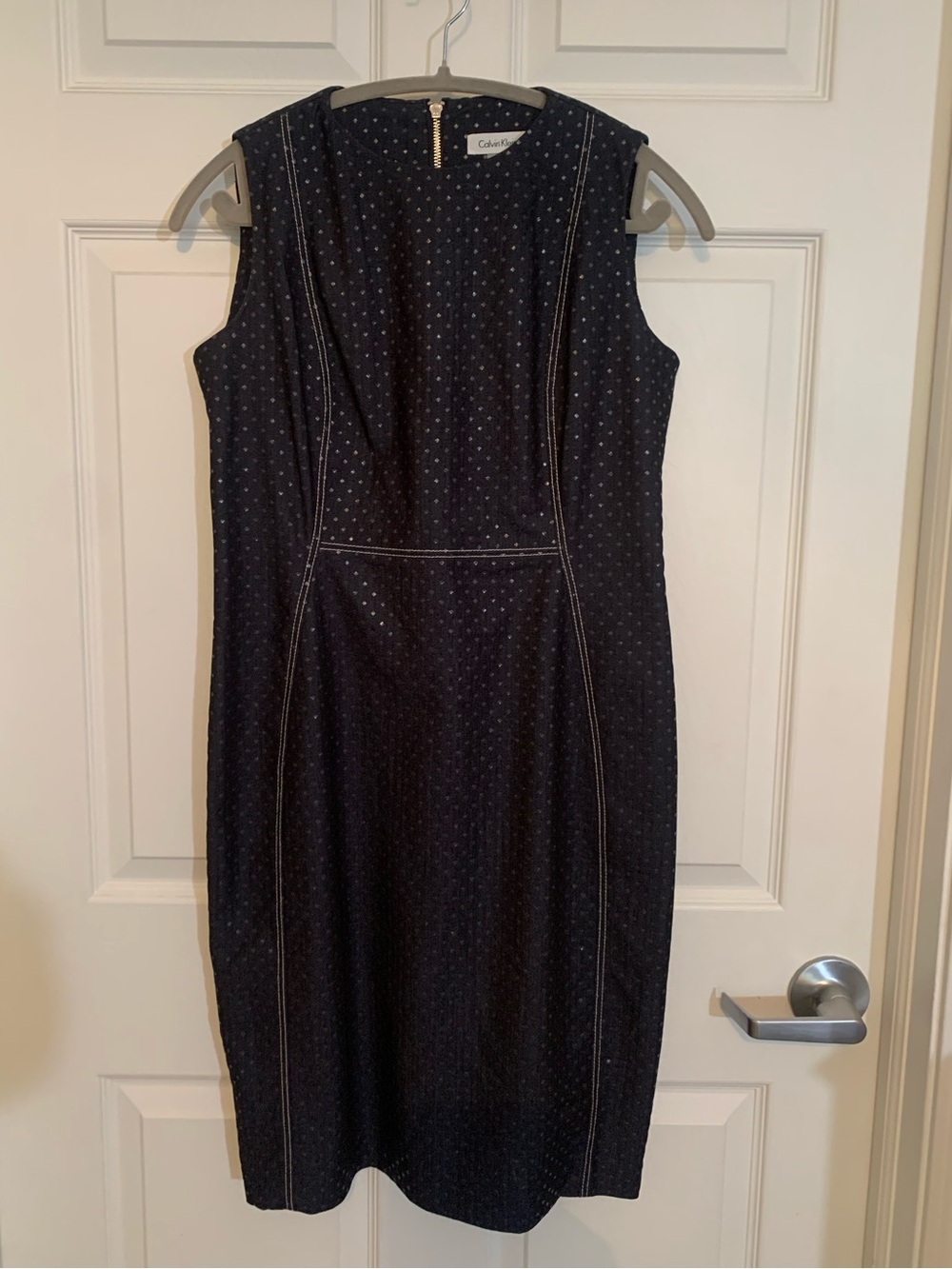 Calvin Klein Navy Midi Sheath Dress with White Stitching